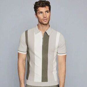 Reiss “Ossie” Striped Half-Zip Polo Shirt (Sage Green)